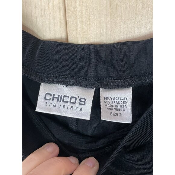 Chicos Travelers Midi Skirt Elastic Waist Flared Slinky Black Jersey Knit 2 12 L - Picture 2 of 3